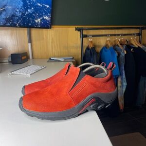 Merrell woman’s Jungle Moc slip-on shoes in a red suede colorway size 7